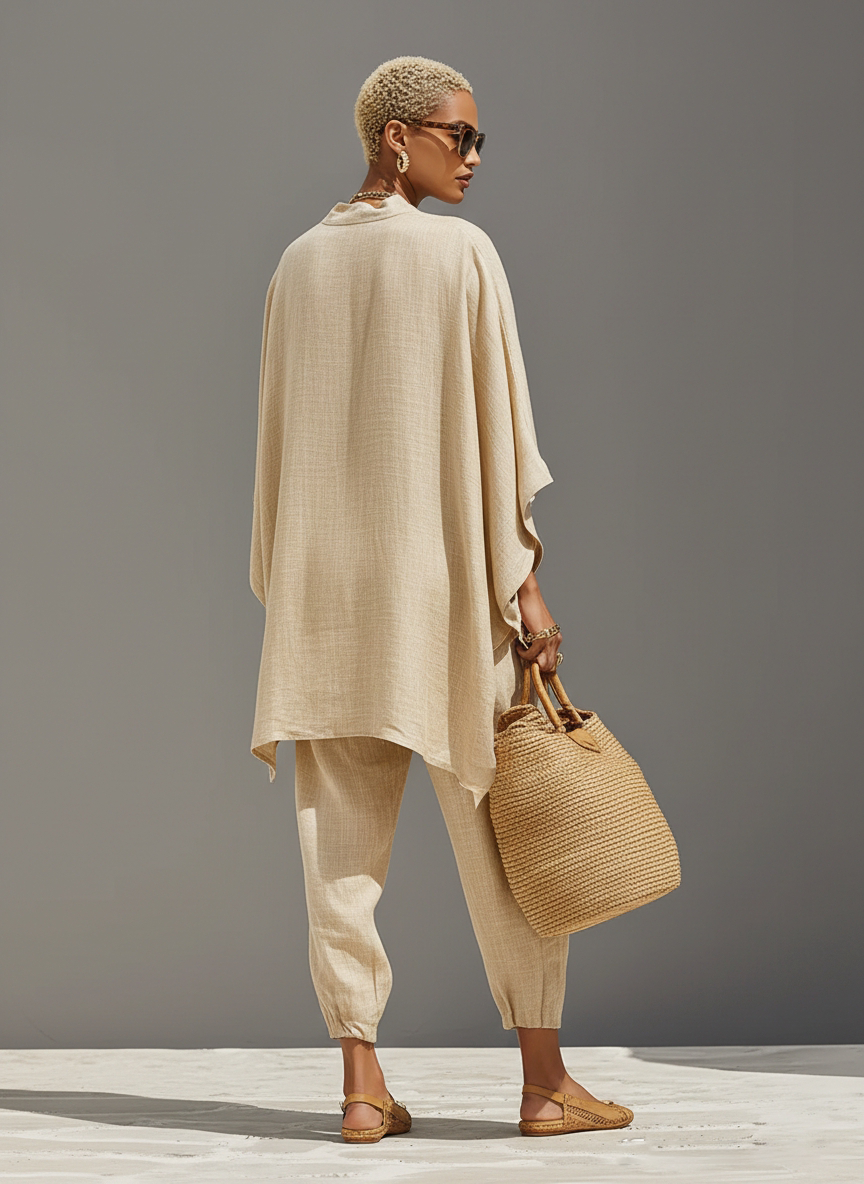 Ensemble en lin neutre pour femmes avec des bords asymétriques et un design minimaliste, style quotidien-élégant sophistiqué MDZ0501B3I