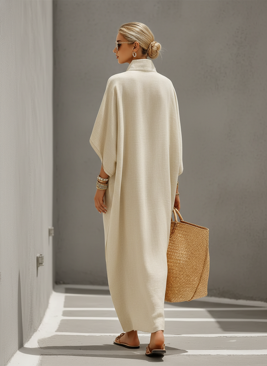 Robe en lin à motifs de grains pour femmes avec col mandarin et manches dolman, robe de style décontracté intemporelle MDZ0552B1I