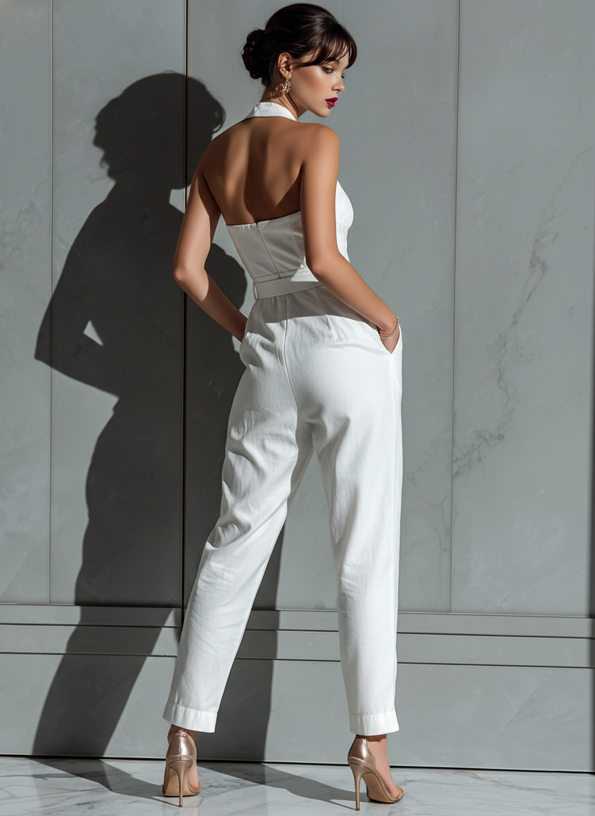 Ensemble femme en ivoire avec jambes larges et taille ornée MDZ0674B7T
