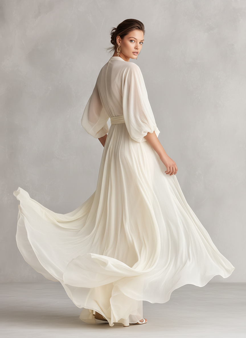 Robe en chiffon transparent couleur ivoire pour femmes avec manches bouffantes et détails de drapé, robe romantique-luxueuse classique MDZ0932A1I
