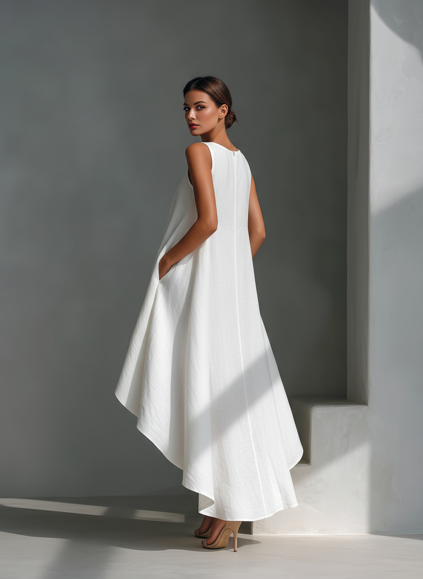 Robes midi pour femmes en lin blanc sans manches avec col rond et jupe asymétrique MDZ0987B9T