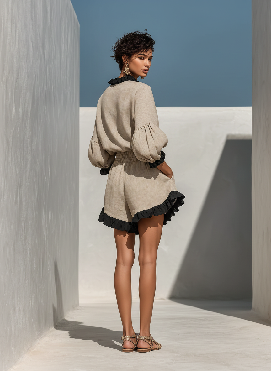 Chemise blouse longue à manches pour femmes en beige avec des bords en raphia contrastants et un short à taille haute avec bord en raphia - Ensemble deux pièces MDZ1018D0T