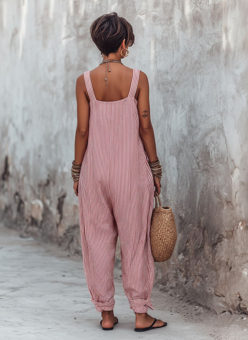 Salopette minimaliste pour femmes avec rayures, col carré, sans manches MDZ1052D7Y