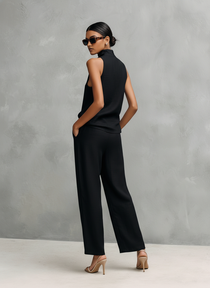 Ensemble top et pantalon pour femmes au style élégant en noir, en coton et lin, avec col rond et sans manches MDZ1441A4AN