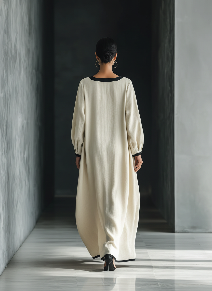Robe maxi pour femmes en beige mélangé coton et lin avec col carré, finition noire et grandes poches MDZ1507A0T