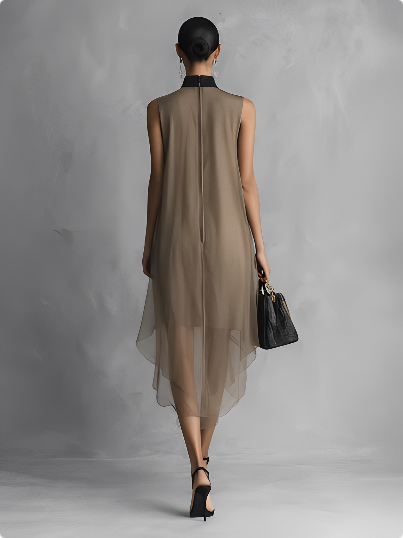 Robe en chiffon sans manches pour femmes en couleur kaki et marron avec des combinaisons de couleurs MDZ1535A7BA