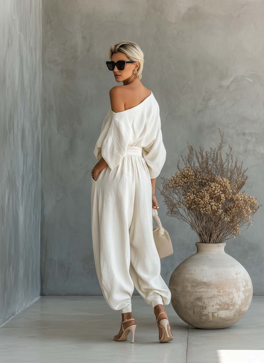 Ensemble top d'été large sans manches et pantalons fuselés pour femmes en couleur crème MDA2770K8T