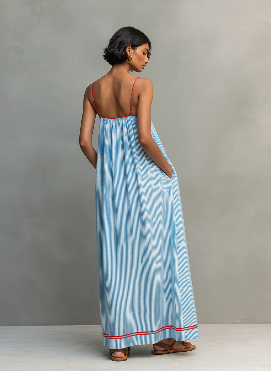 Robe maxi rayée minimaliste pour femmes avec bords rouges et bretelles spaghetti MDZ2710C3Y