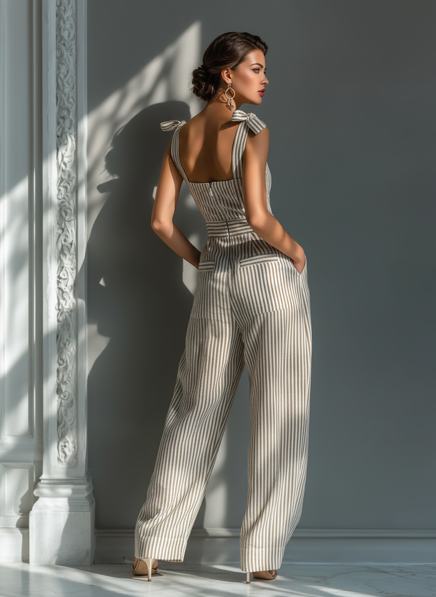 Ensemble femme en beige et blanc avec des rayures en lin, col carré et liens à nouer MDZ2733B8T