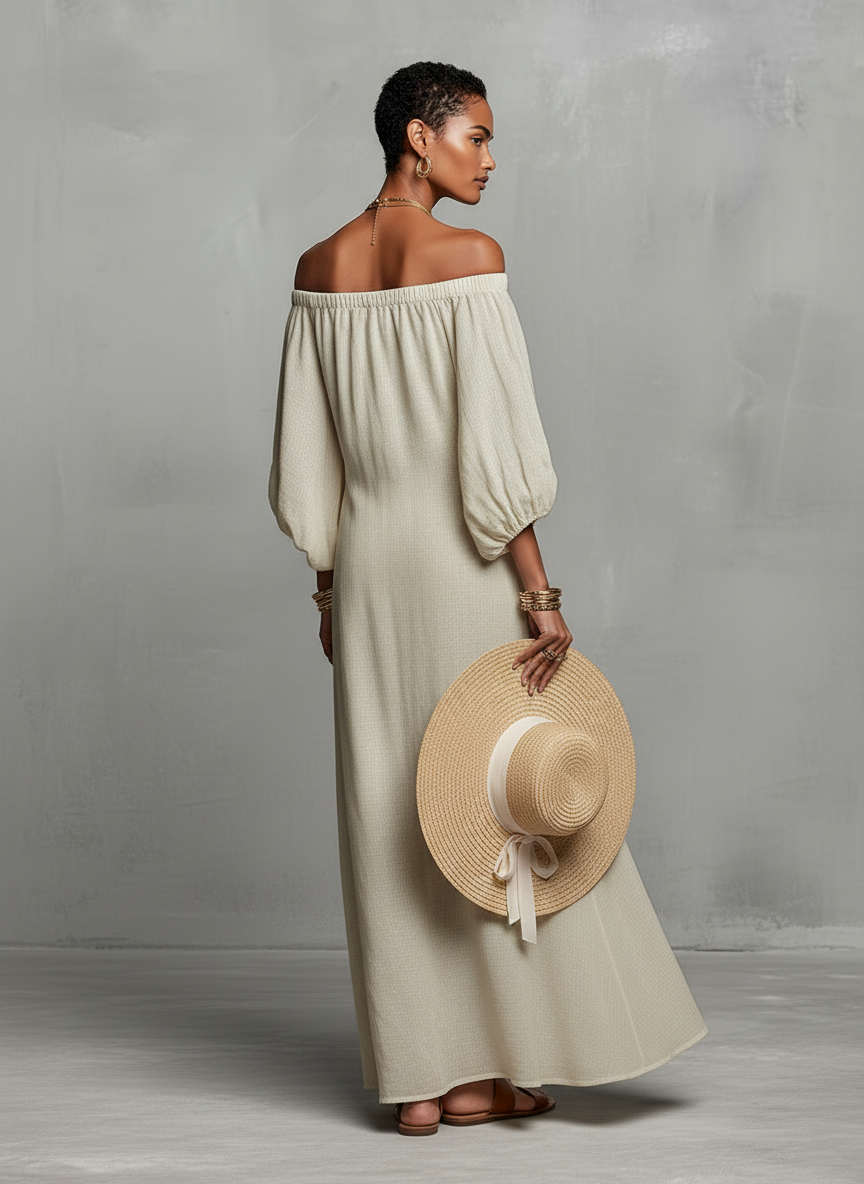 Robe maxi brodée pour femmes au look minimaliste avec des manches trois-quarts et sans bretelles MDZ3063A3Y