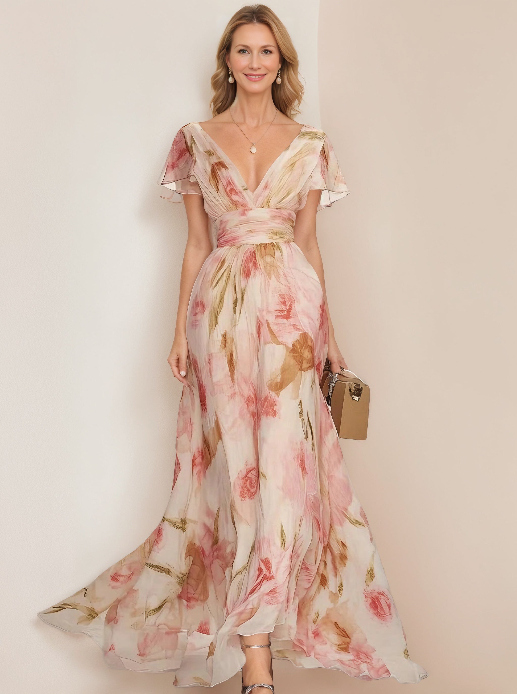 Robes avec décolleté en V et manches courtes imprimées florales avec volants