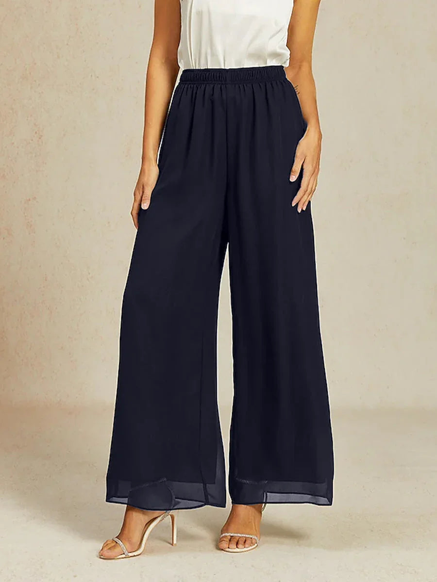 Pantalon en chiffon à jambe large avec taille élastique à hauteur moyenne