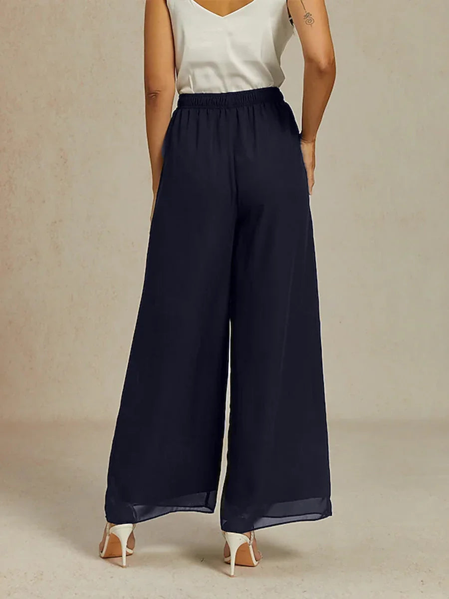 Pantalon en chiffon à jambe large avec taille élastique à hauteur moyenne