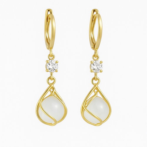 Boucles d'oreilles en or suspendues avec opale blanche