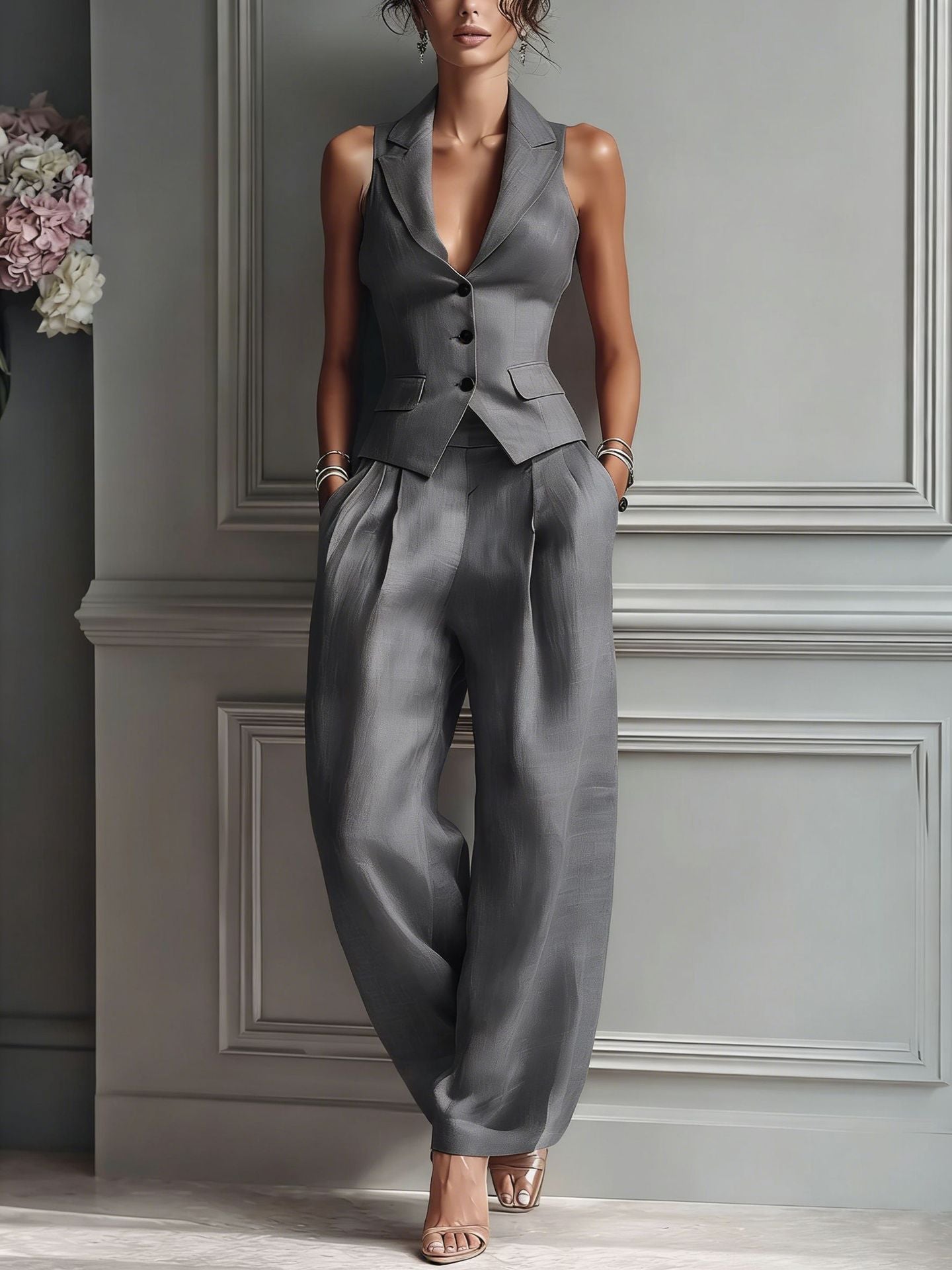 Ensemble femme en deux parties avec col en V et boutons