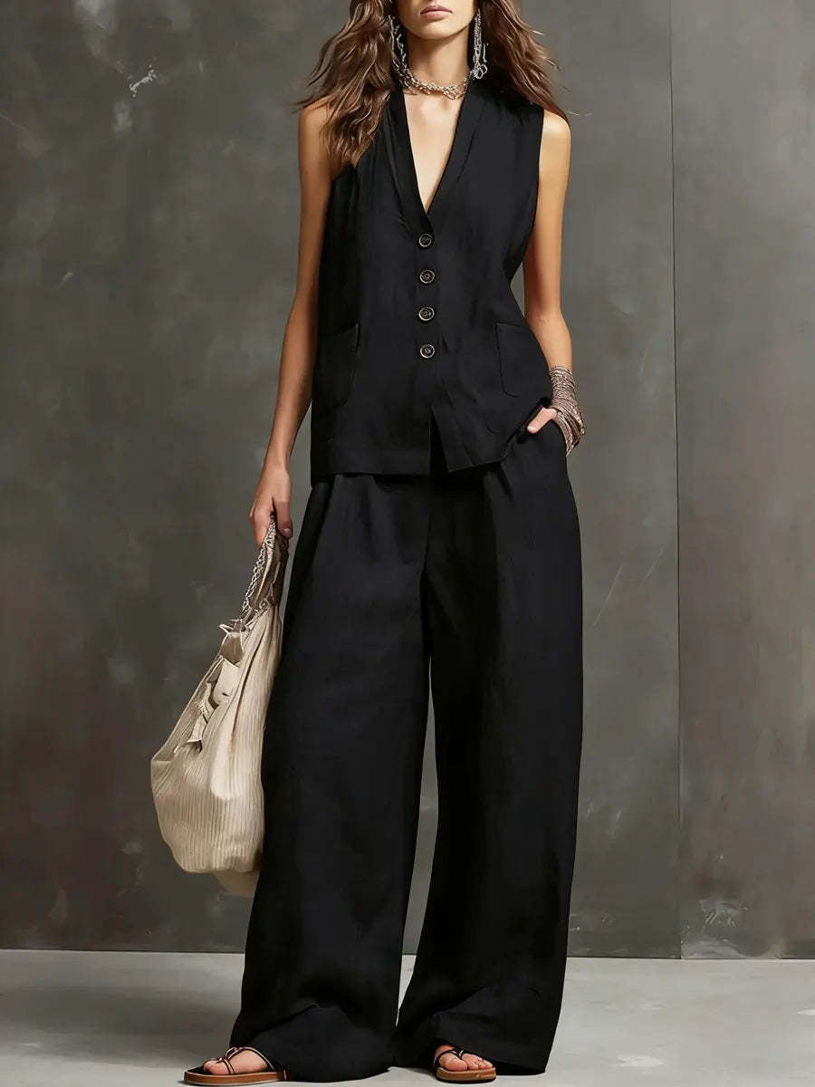 Ensemble de deux pièces en coton et lin avec veste sans manches et pantalons larges