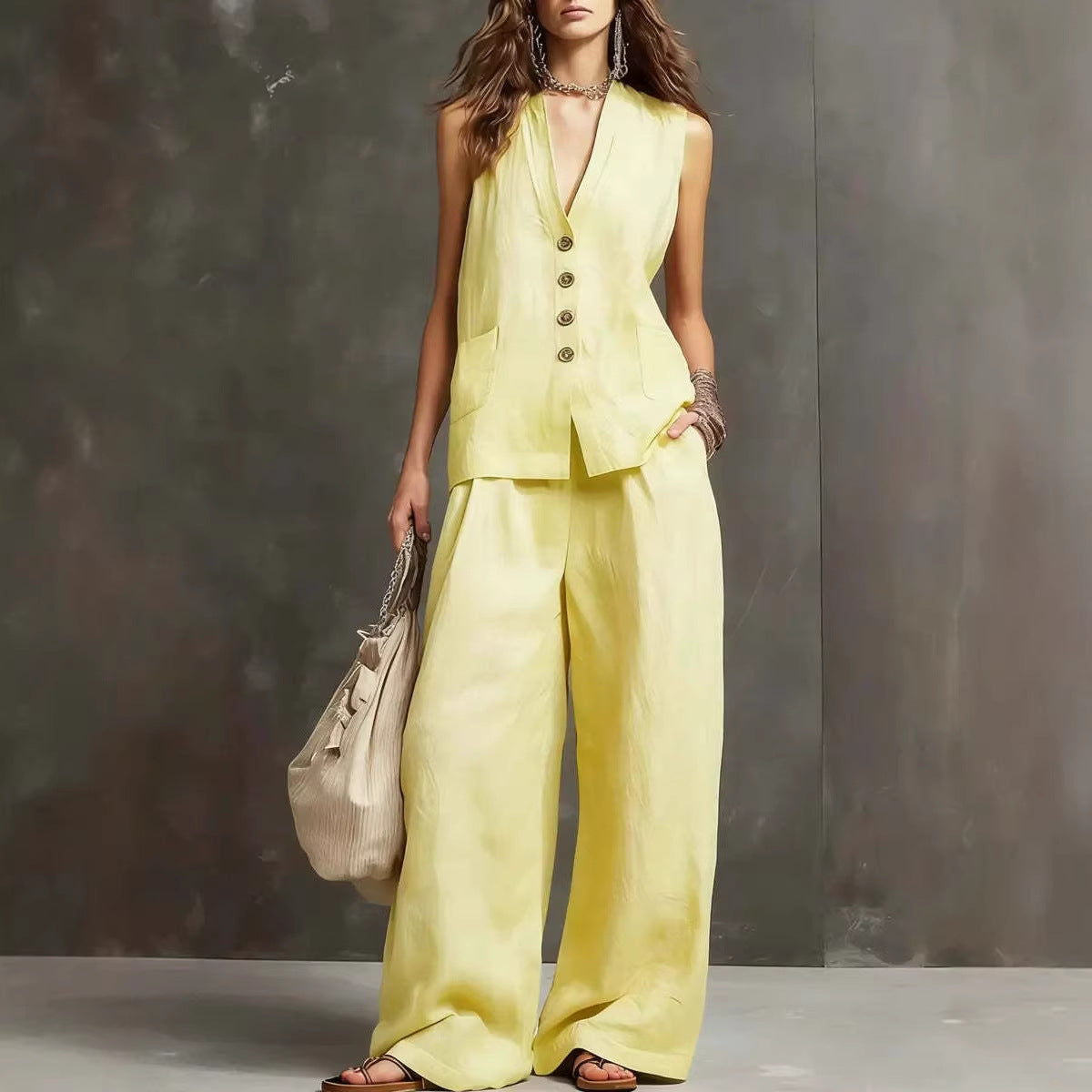 Ensemble de deux pièces en coton et lin avec veste sans manches et pantalons larges