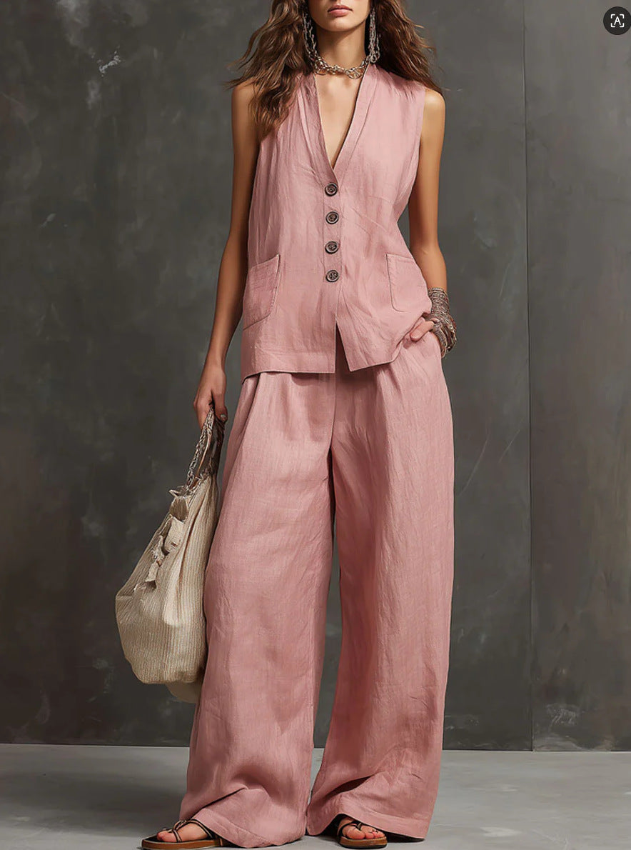 Ensemble de deux pièces en coton et lin avec veste sans manches et pantalons larges