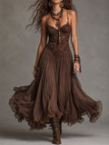 Robes maxi en chiffon avec des panneaux en dentelle de couleur marron foncé