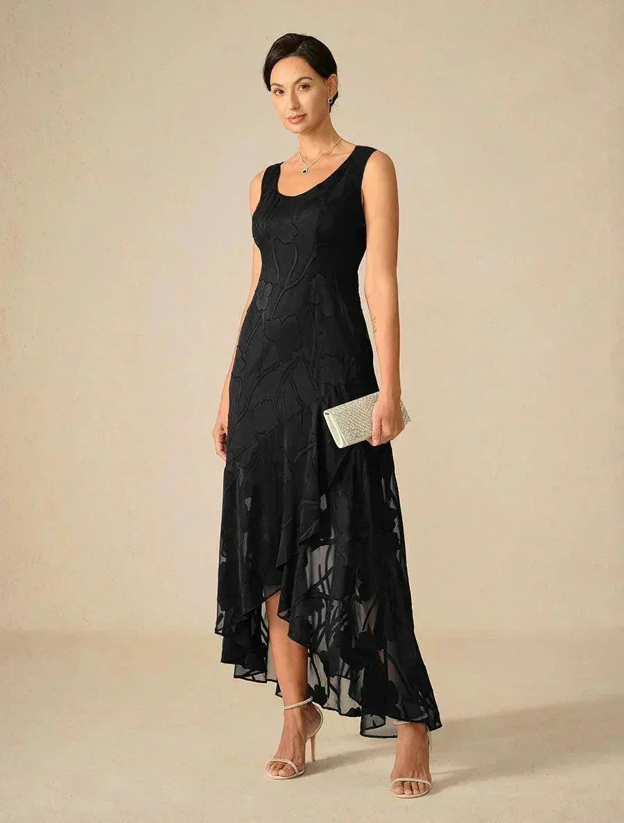 Robes de soirée sans manches en chiffon floral avec des bords asymétriques
