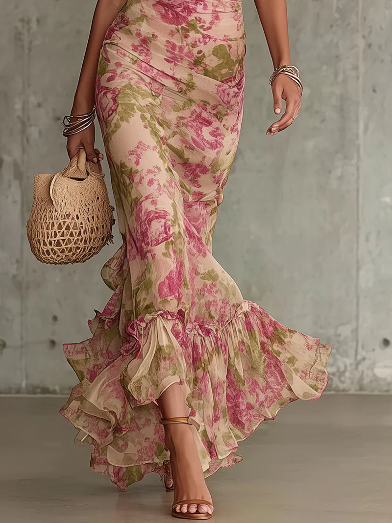 Fiore - Robe longue avec imprimé vintage de roses et manches bouffantes