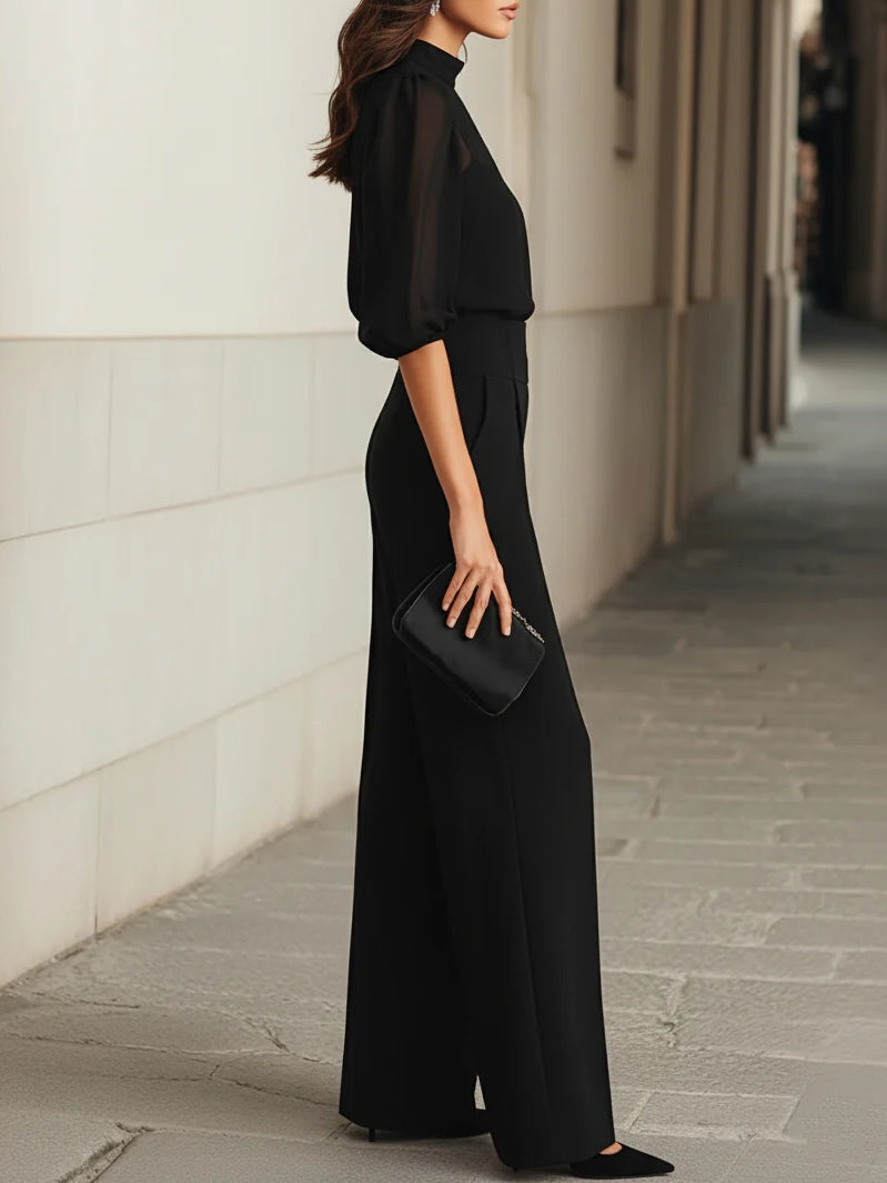 Valentina • Ensemble de trois pièces en noir, comprenant un top camisole transparent et un pantalon à jambes larges