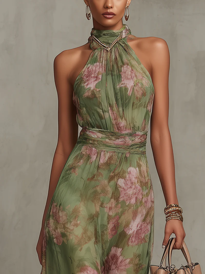 Sarna ∙ Robe longue verte avec des fleurs en chiffon et décolleté américain