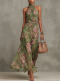 Sarna ∙ Robe longue verte avec des fleurs en chiffon et décolleté américain