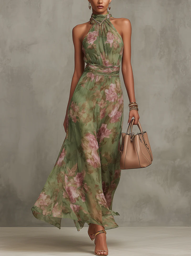 Sarna ∙ Robe longue verte avec des fleurs en chiffon et décolleté américain