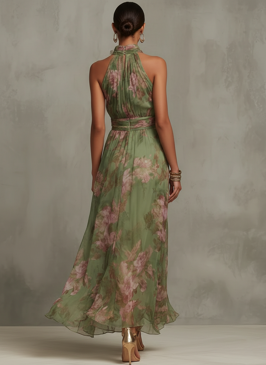 Sérna ∙ Robe maxi verte avec fleurs en soie et décolleté américain