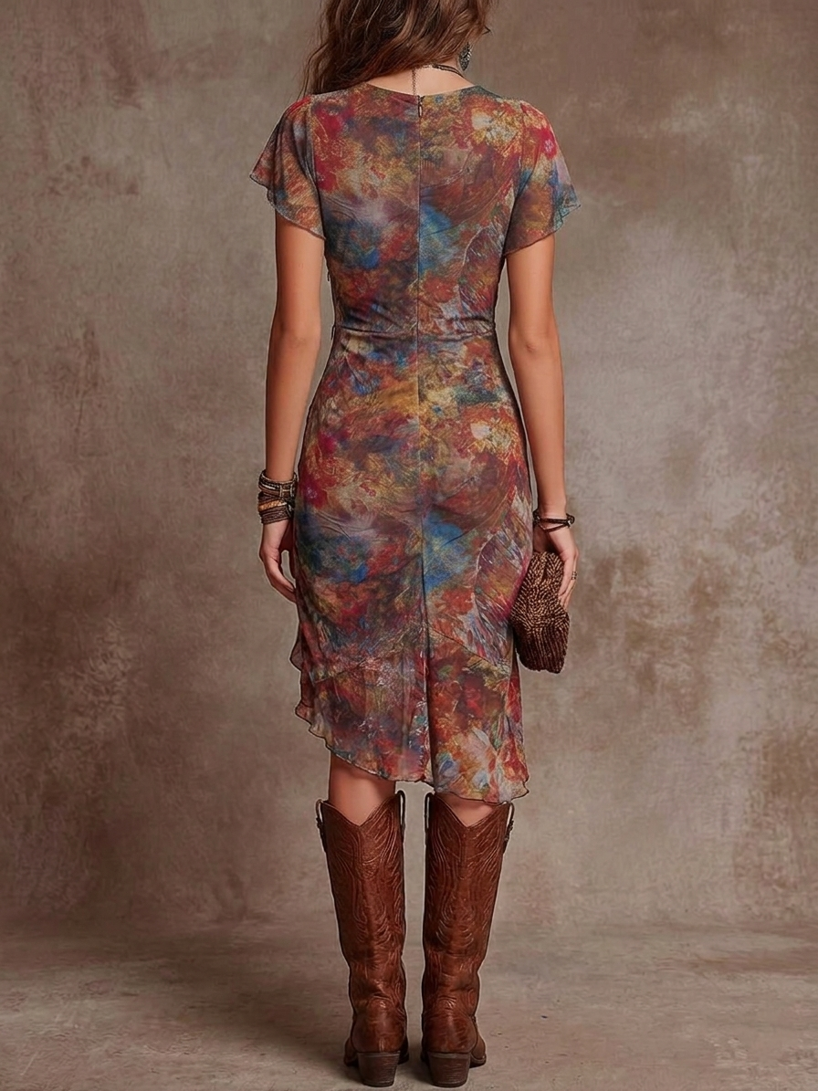 Martina - Robe midi plissée avec col en V, avec un imprimé artistique abstrait dans un style bohémien
