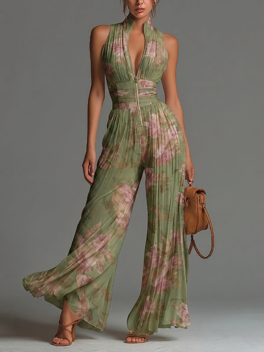 Robe à imprimé floral vert avec décolleté en V, sans manches, avec fermeture éclair et plis, jambe large