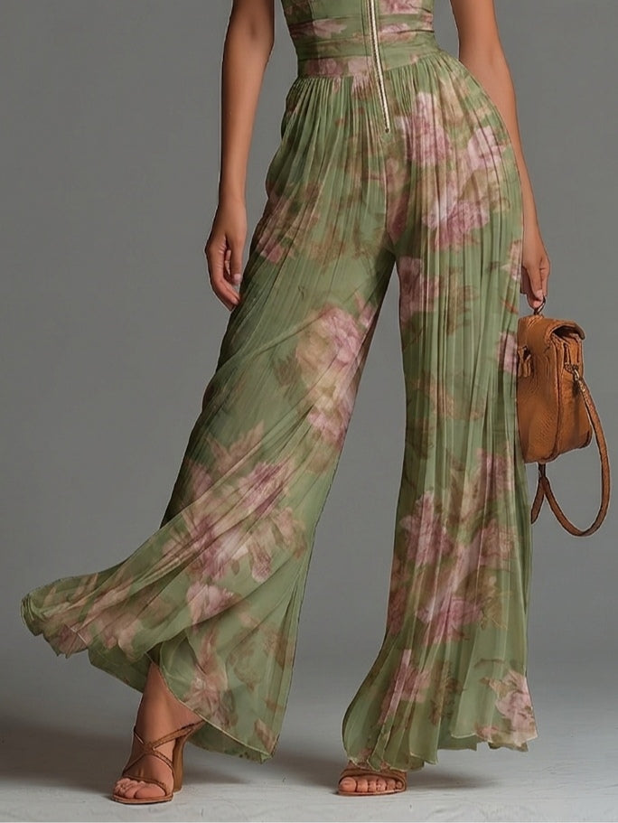 Robe à imprimé floral vert avec décolleté en V, sans manches, avec fermeture éclair et plis, jambe large