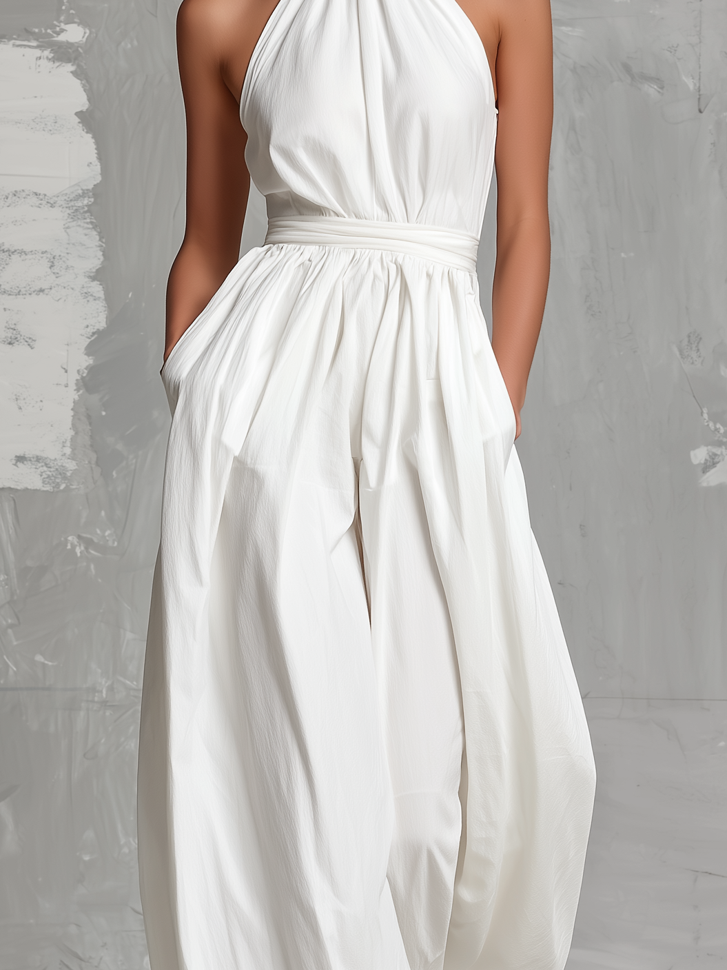 Robe d'été élégante pour femmes en blanc, avec col halter sans manches MDZ0554A3AN