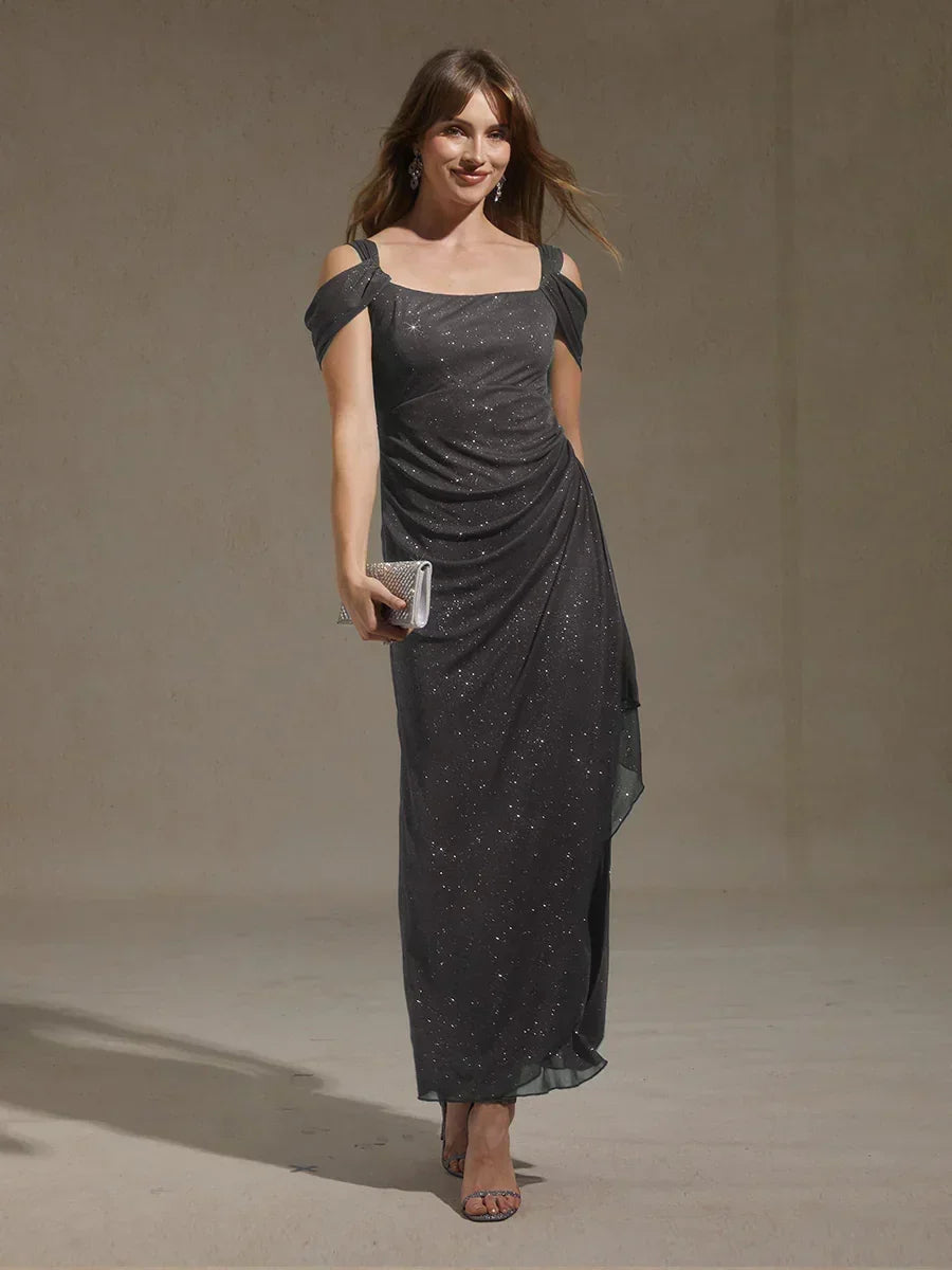Robe en tulle scintillant à longueur cheville avec épaules dénudées