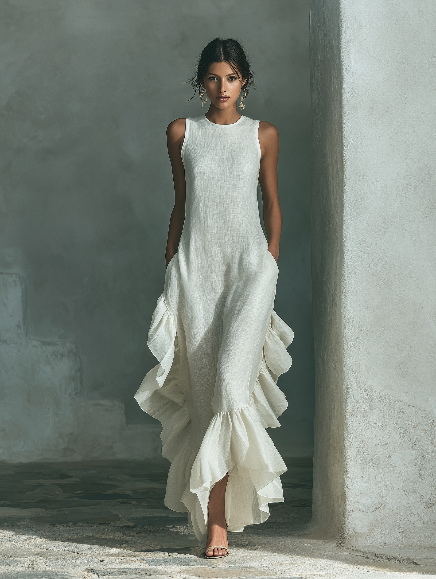 Robe maxi sans manches en lin couleur ivoire avec col rond et franges MDZ0973B9T