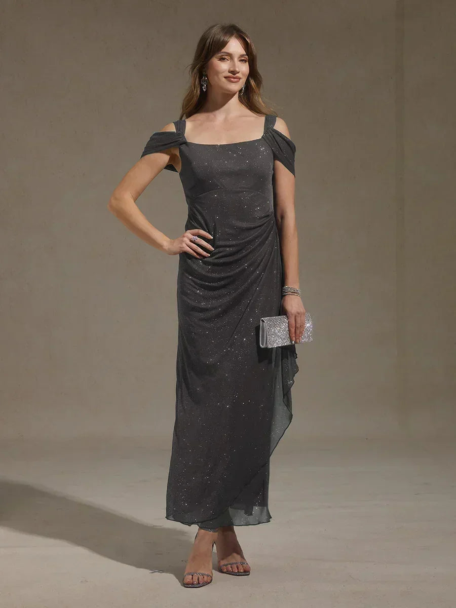 Robe en tulle scintillant à longueur cheville avec épaules dénudées