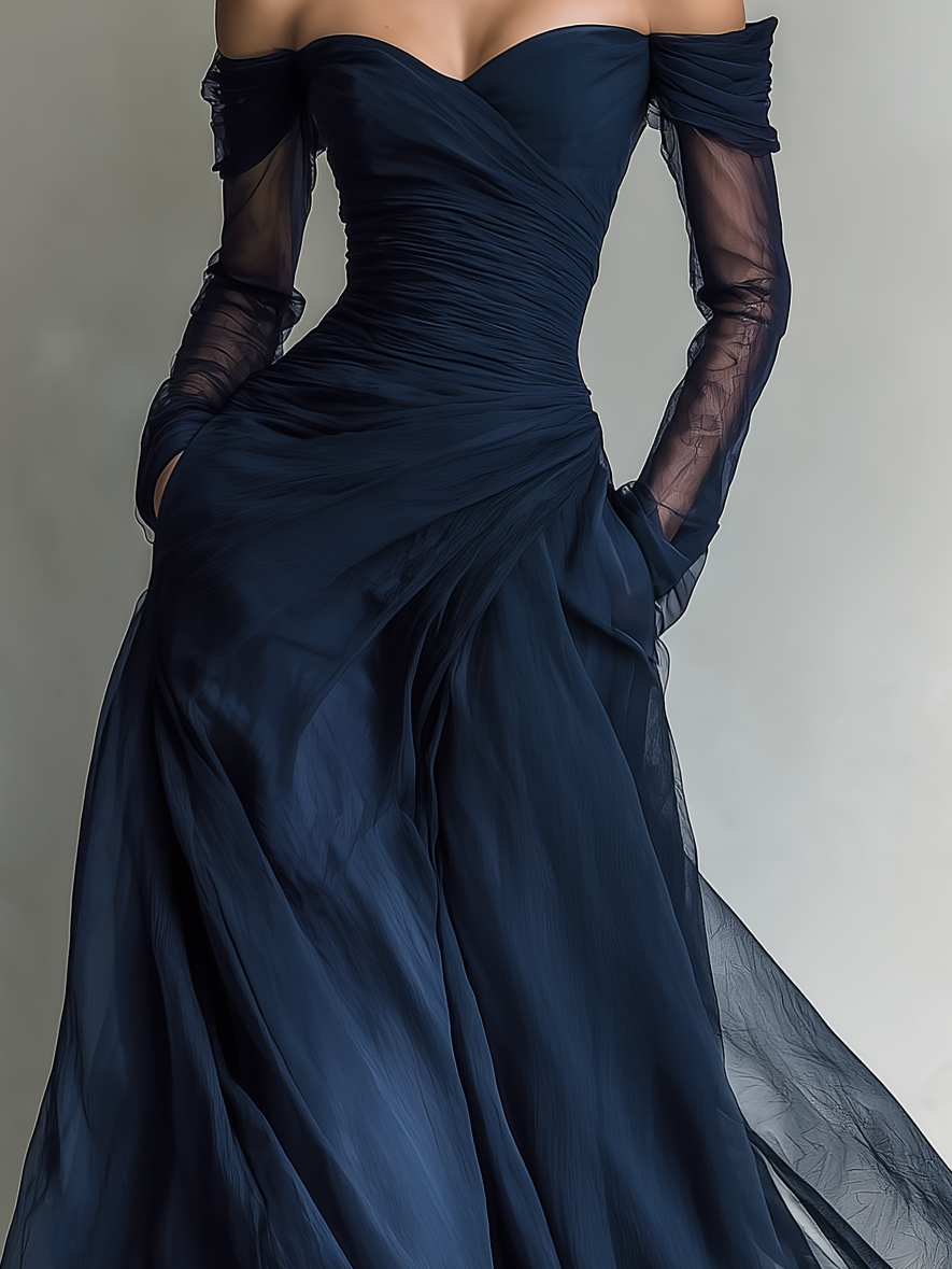 Robes maxi pour femmes en bleu foncé, en soie organza, avec des manches longues et une épaule dénudée MDA1711L9AN