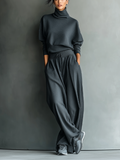 Ensemble haut ample avec col roulé et pantalon large pour femmes en tissu tricoté couleur anthracite MDA2435L7T