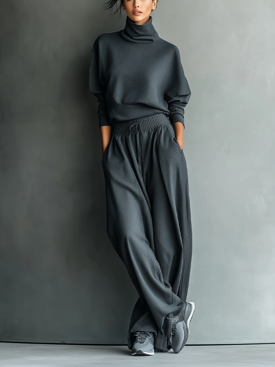 Ensemble haut ample avec col roulé et pantalon large pour femmes en tissu tricoté couleur anthracite MDA2435L7T
