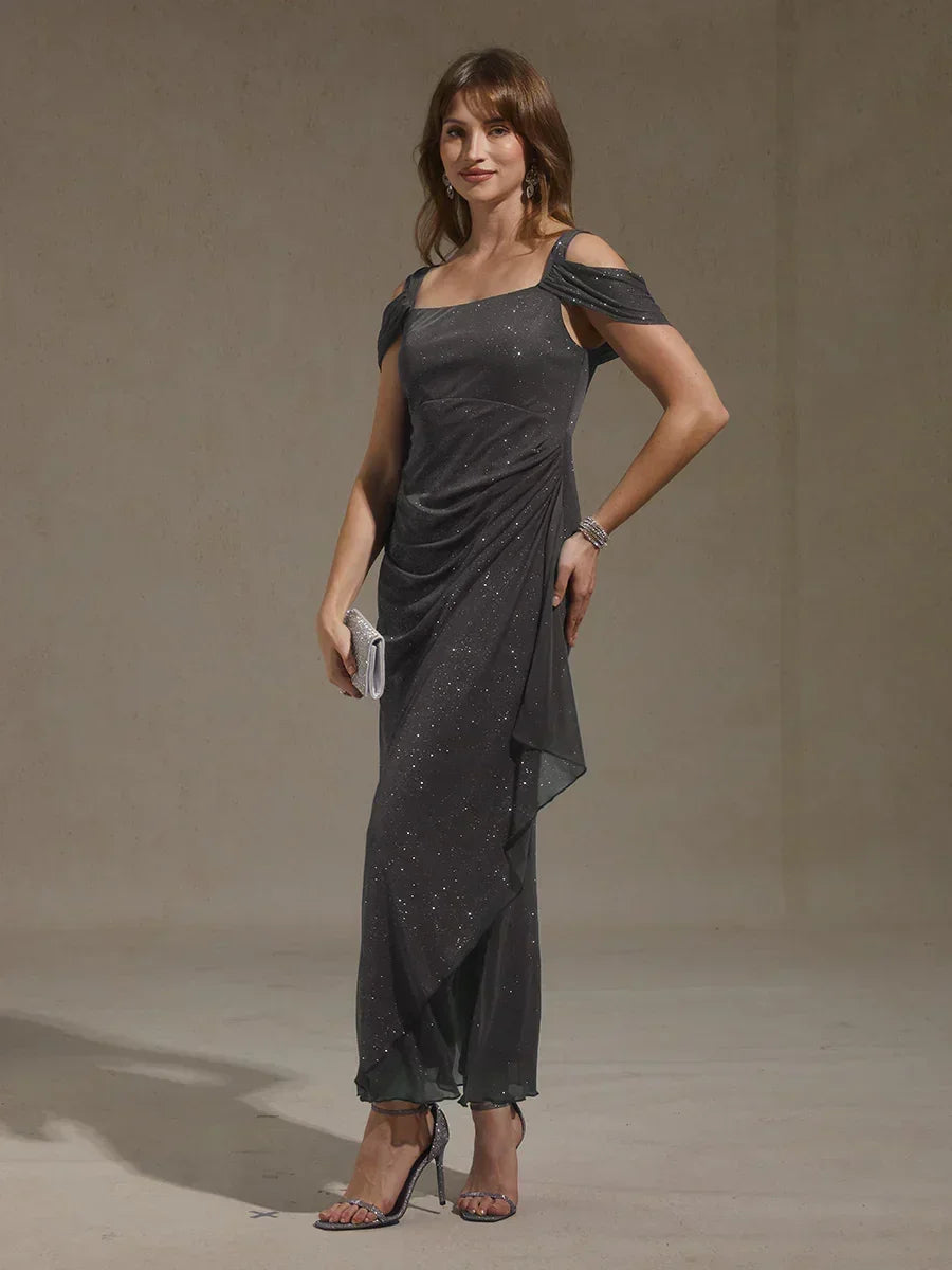 Robe en tulle scintillant à longueur cheville avec épaules dénudées