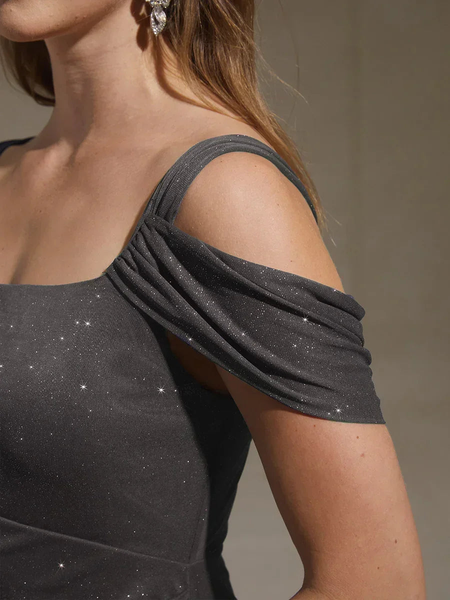 Robe en tulle scintillant à longueur cheville avec épaules dénudées