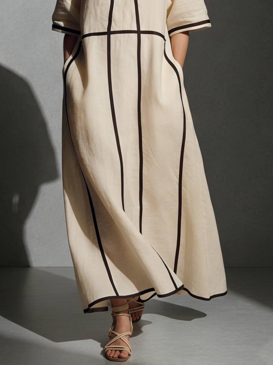 Robe maxi avec col montant, manches courtes, poches et lignes contrastées, en mélange de lin moderne pour femmes couleur beige MDA2924L4AU