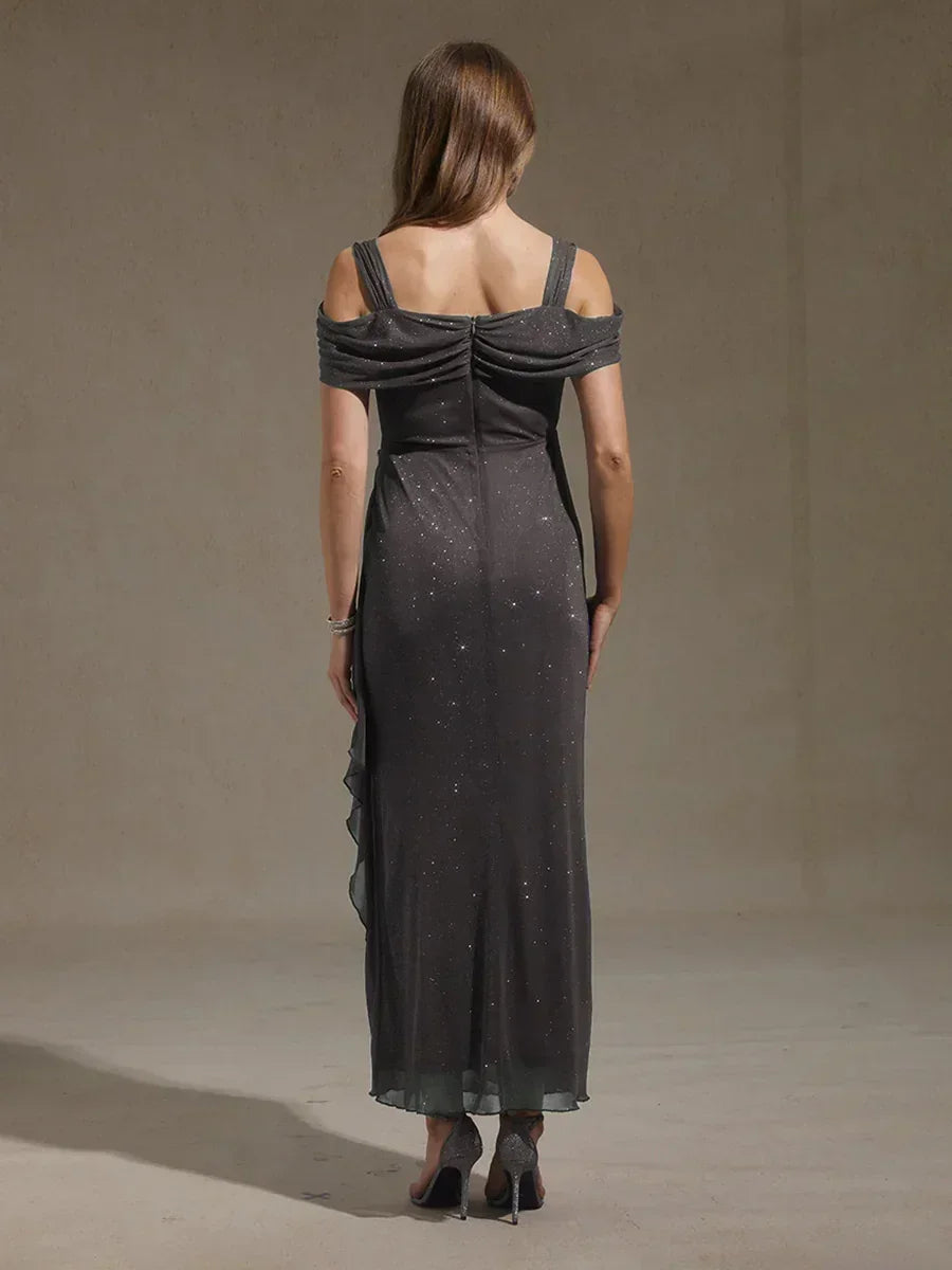 Robe en tulle scintillant à longueur cheville avec épaules dénudées