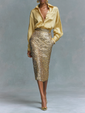Ensemble de chemise pour femmes à manches longues et jupe crayon avec paillettes MDA2431K6Y