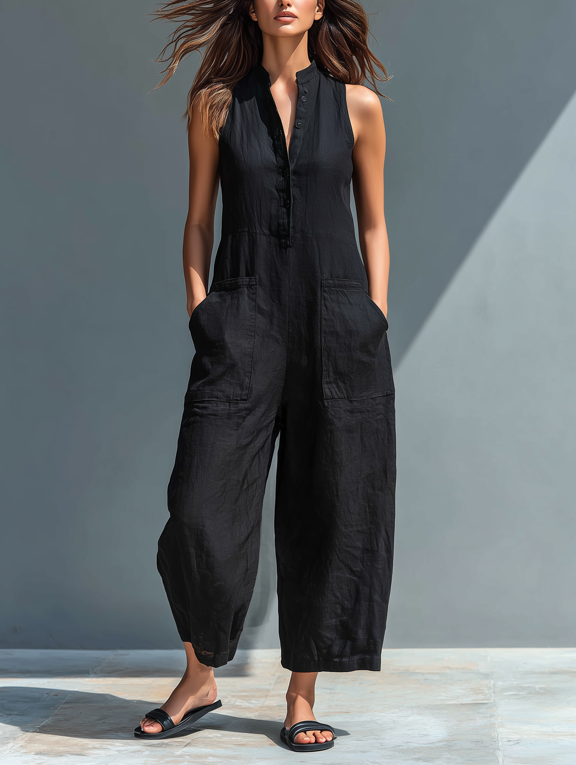 Ensemble femme minimaliste en lin avec boutons, col rigide, sans manches, ample MDZ2725A5Y