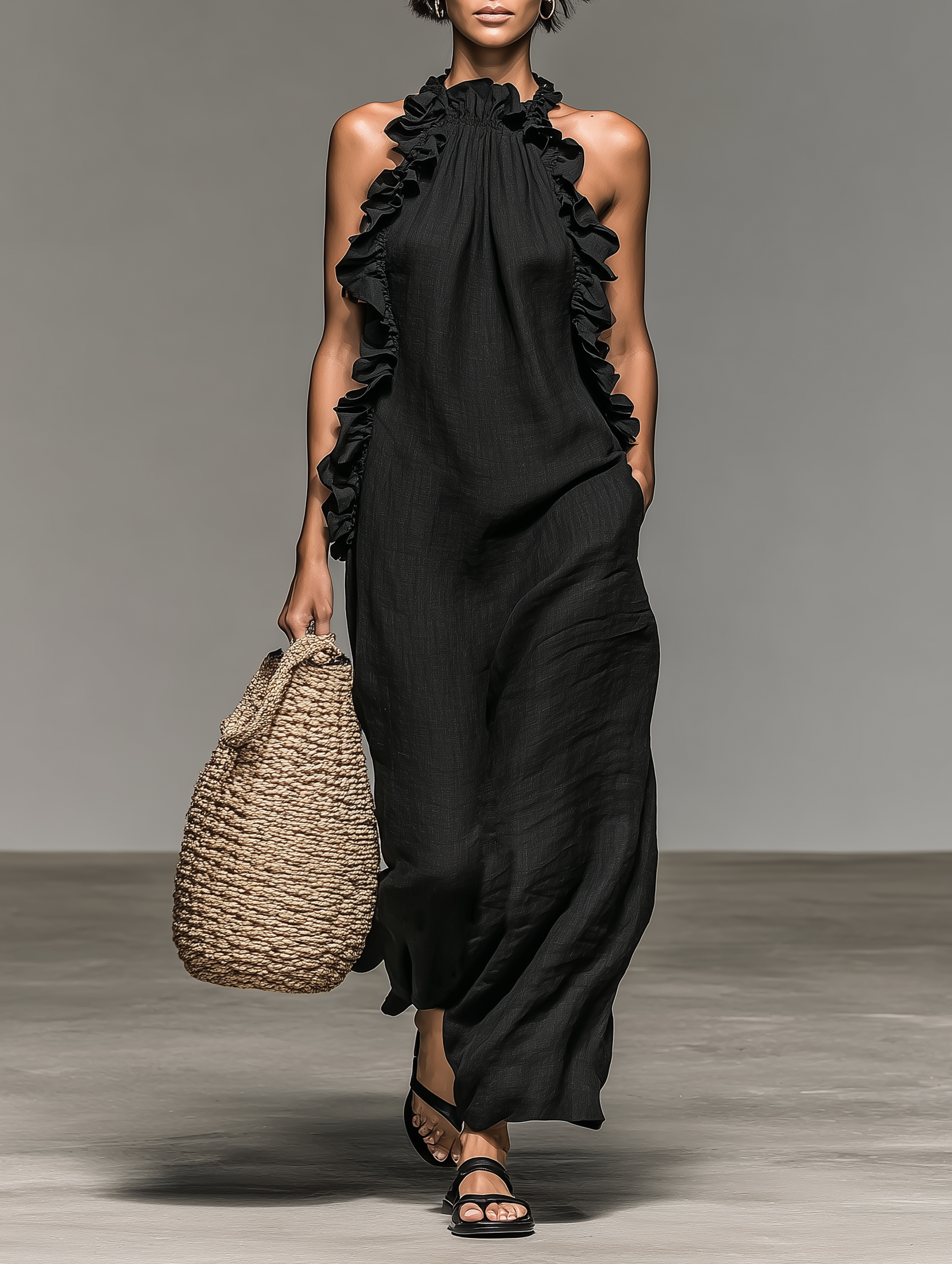 Robes maxi sans manches en lin minimaliste avec des détails en dentelle
