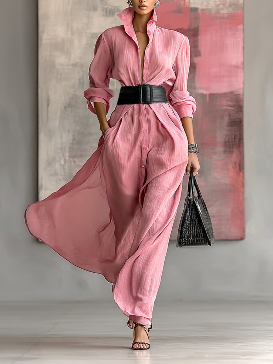 Robe maxi à col et manches longues pour femmes en couleur unie MDA0917G0Y