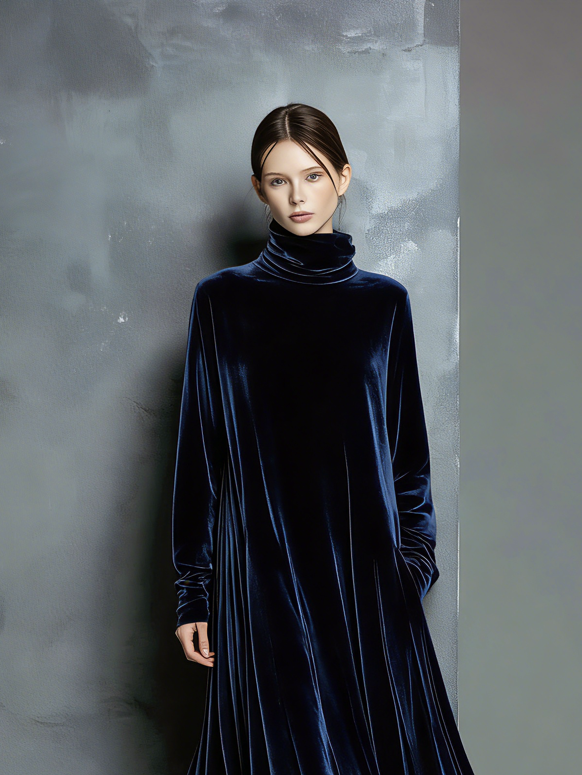 Robe maxi longue pour femmes au style élégant en bleu marine avec col haut et large MDZ1680A8AN