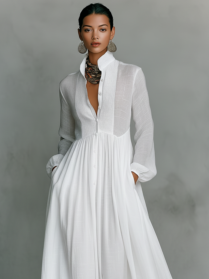 Robe maxi pour femmes au style minimaliste en mélange de coton et de lin avec des pièces de puzzle, avec un col montant et des manches longues